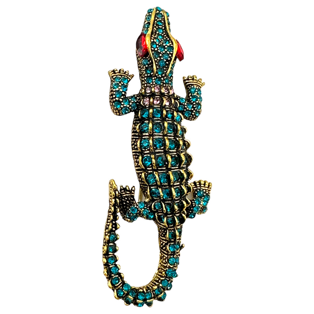 Crocodile Reptile Pin Brooch Pendant, Gold-tone, Rhinestone Crystals, Gift Bag